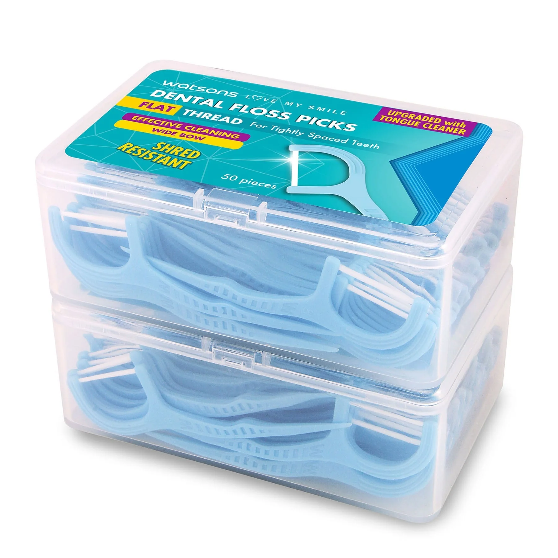 Watsons Flat Thread Wide Bow Dental Floss Picks With Tongue Cleaner 2X50pcs